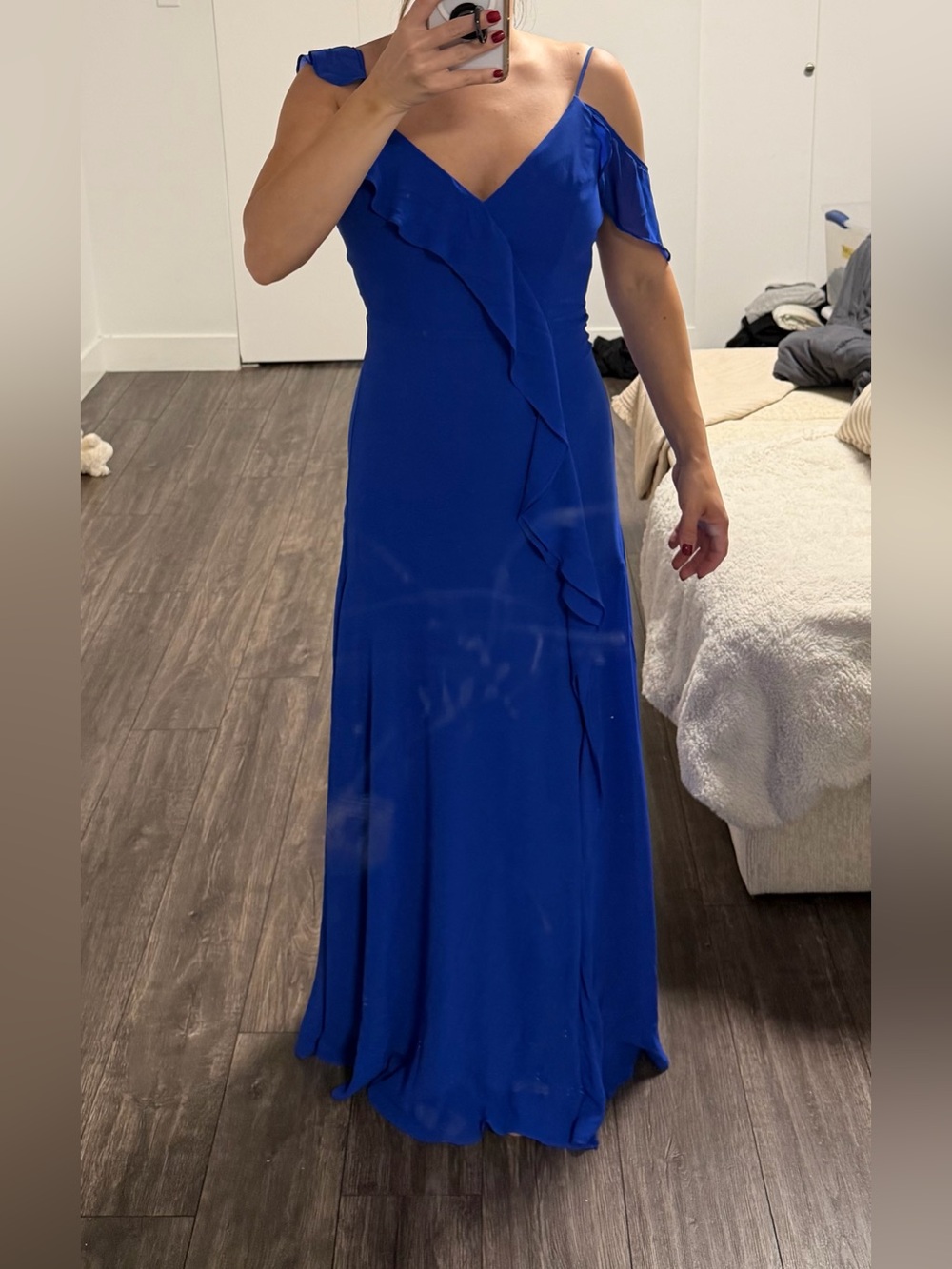 Marciano Cobalt Blue Cold-Shoulder Ruffle Maxi Dress
